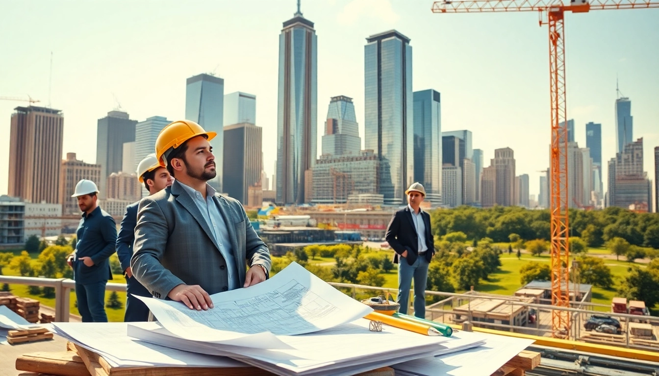 New York Construction Manager leading a city project with blueprints and engineers in a vibrant urban setting.