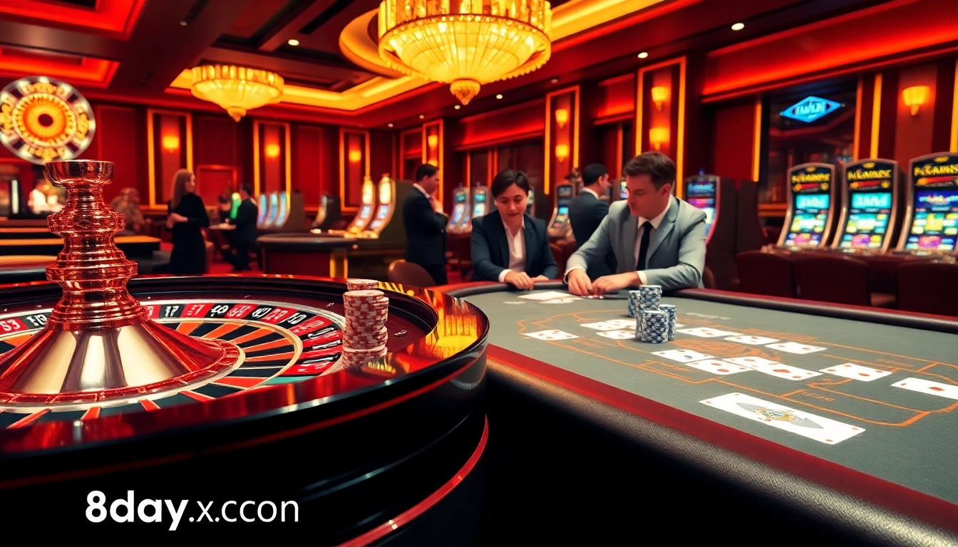 A lively casino atmosphere showcasing a poker table and roulette wheel, symbolizing excitement at 8day.cn.com.