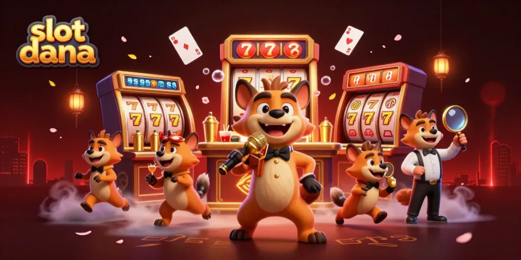 Engage in fun with slot dana at a cartoon hyena comedy casino club full of vibrant elements.