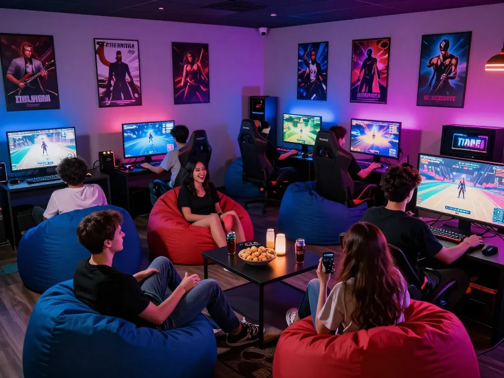 Friends enjoying a lively session of various porn games in an adult gaming lounge.