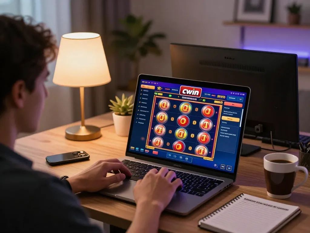 Cwin players enjoying online slots on laptop, showcasing dynamic gameplay experience.
