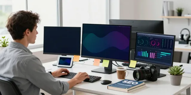 Workspace with a marketing expert analyzing metrics for instant indexing.
