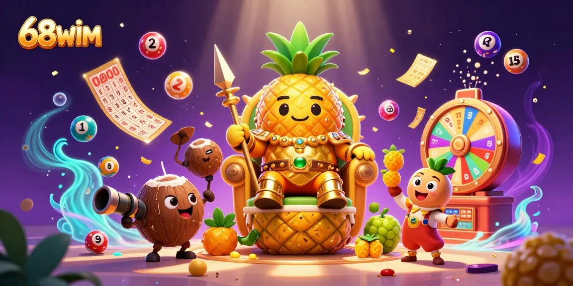 Experience winning at 68WIM with a vibrant 3D casino illustration featuring the pineapple king and dynamic game elements.