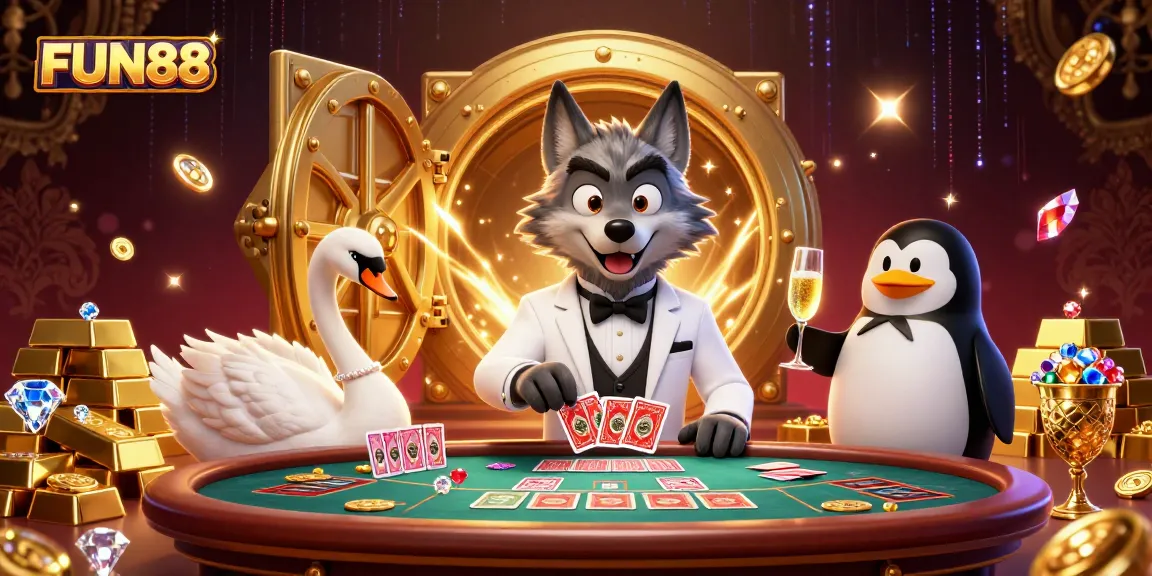 Experience the thrill of FUN88 with an elegant baccarat scene featuring charismatic characters in a luxurious casino setting.