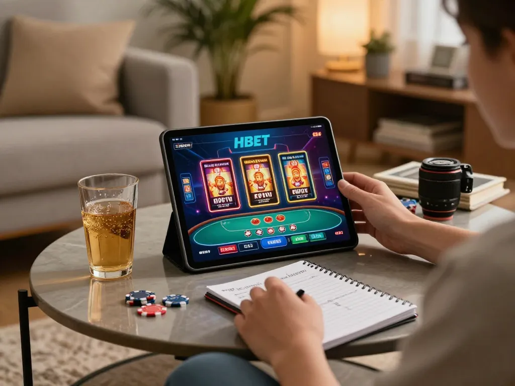 Player engaging with the HBET app for dynamic online casino gaming in a cozy home setup, showcasing strategic play and comfort.
