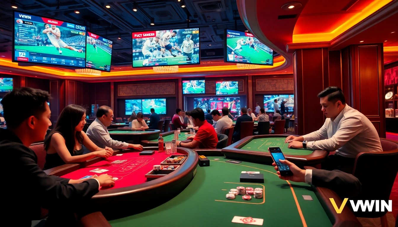 Engaged players enjoying games at VVVWIN's modern casino gaming scene, featuring Baccarat and Tài Xỉu.