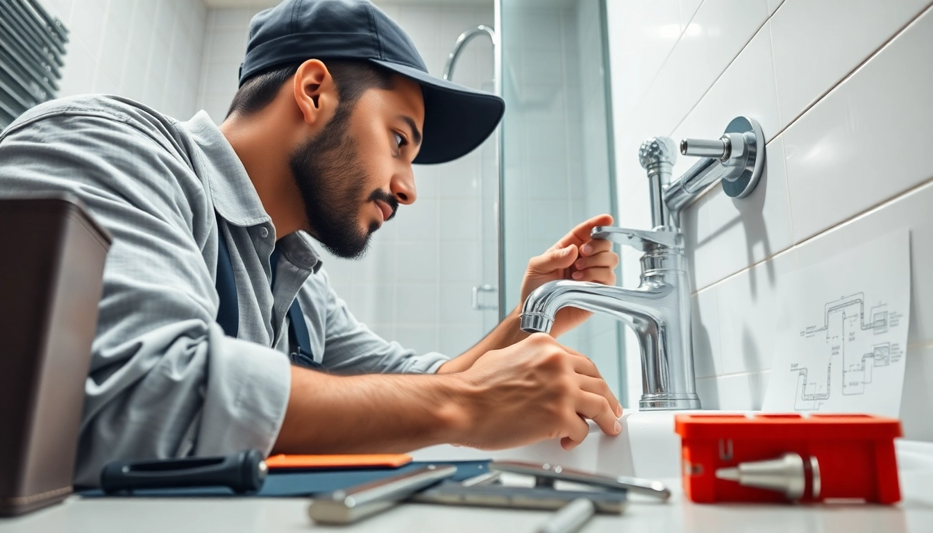 Find skilled plumber near me fixing a sink in a bright bathroom setting.