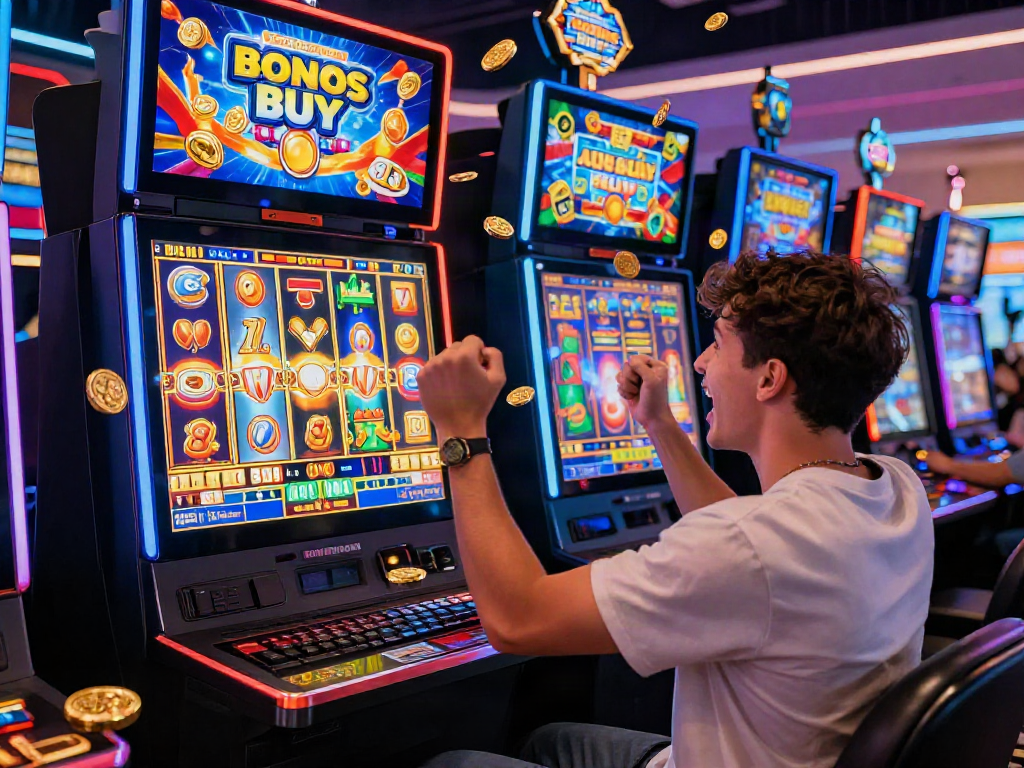 Bonus Buy slots player celebrating a win at https://stargazyinn.co.uk with vibrant graphics and coins.