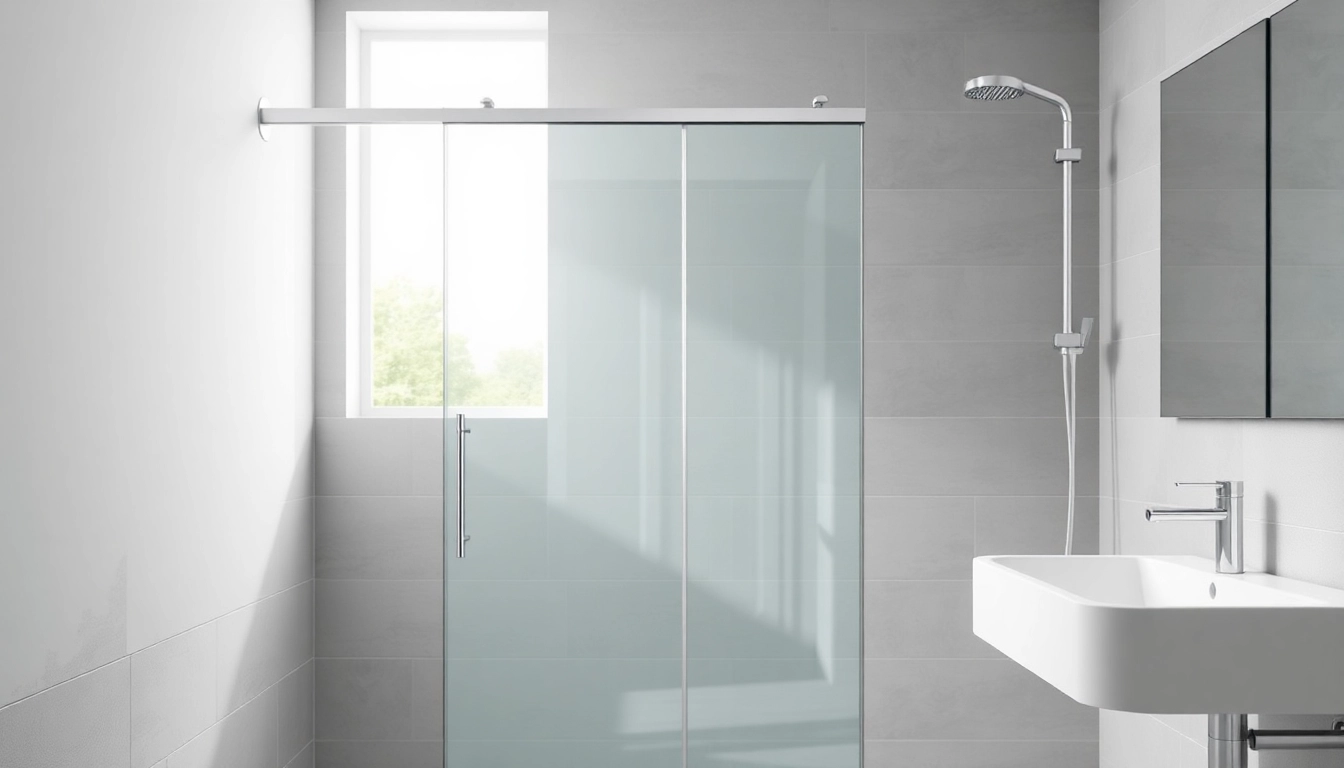 View a stylish shower screen sliding door framed in a modern bathroom interior.