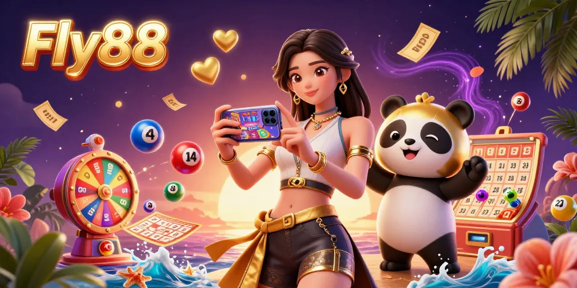 Experience the excitement of Fly88 with vibrant casino gaming elements in a dynamic and colorful illustration.