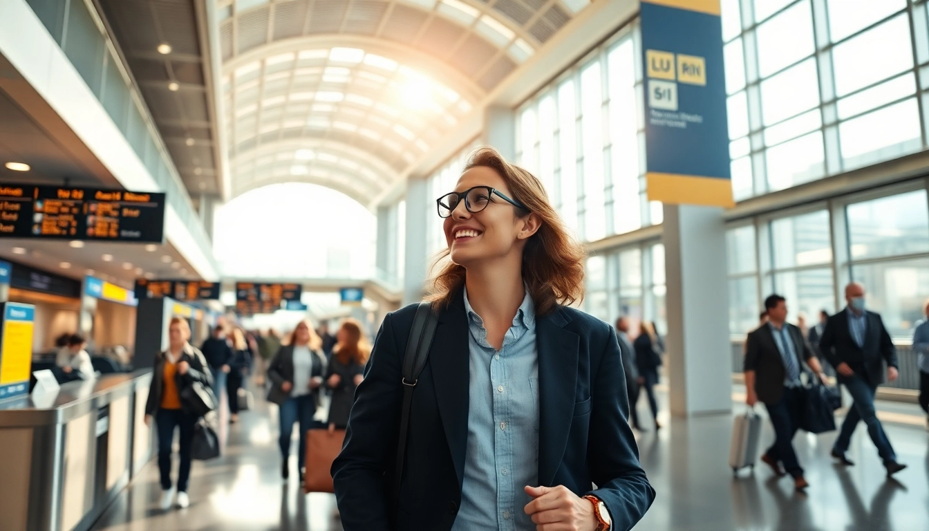 Travelers engaging with facilities at London City airport, showcasing bustling energy and design.