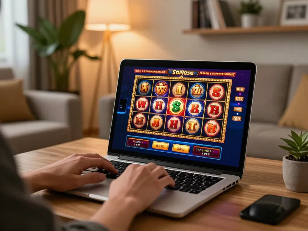 Engaging online gaming moment at Nhà cái SHBET with a player enjoying vibrant slots action on a laptop.