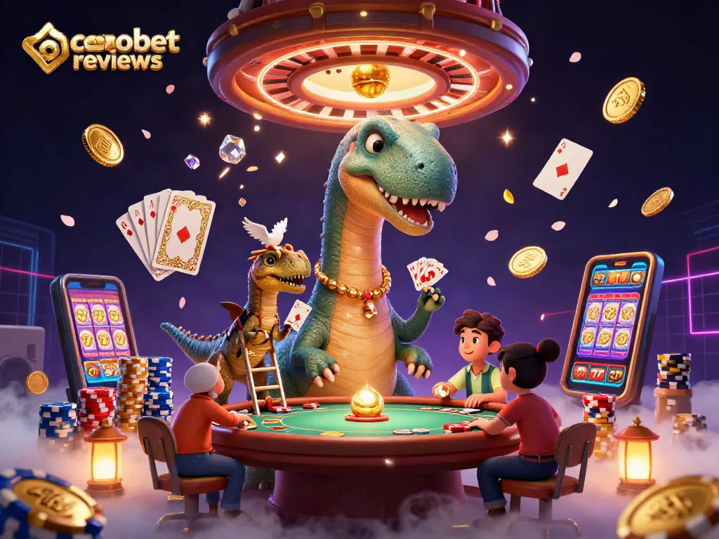 Experience cosmobet reviews with a whimsical 3D casino scene featuring vibrant characters and dynamic game elements.