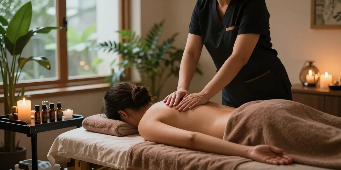 영통출장마사지 session showcasing a tranquil massage studio with a therapist and calming atmosphere.