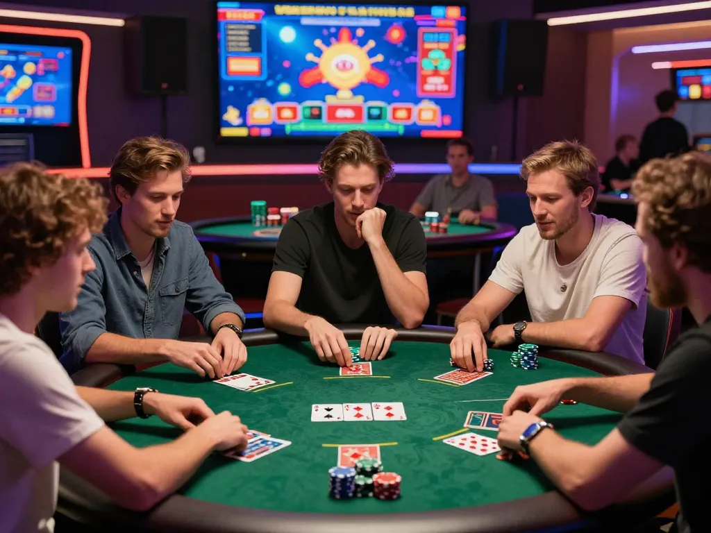 Engaging scene of a vibrant online casino game session featuring players enjoying poker and slots on https://gem88.com.mx/.