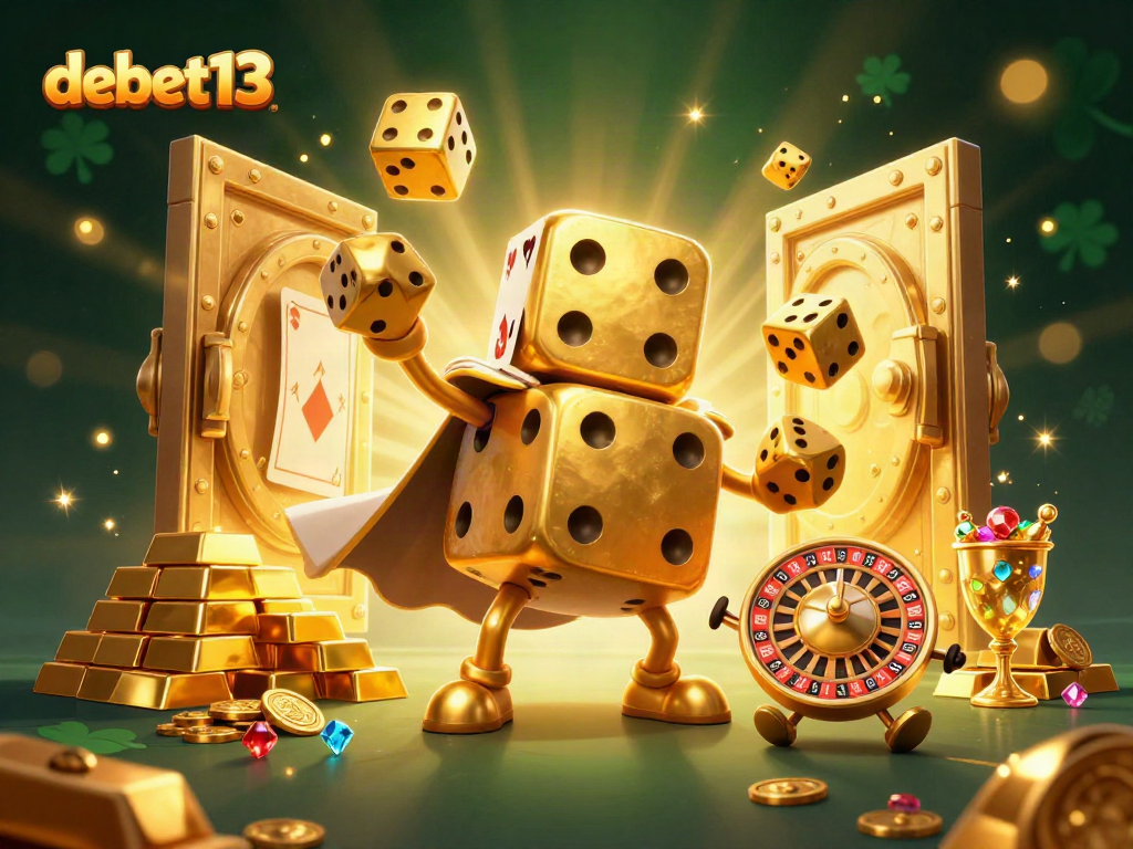 Experience the thrill of debet13 as the golden dice golem juggles riches in a vibrant casino scene.