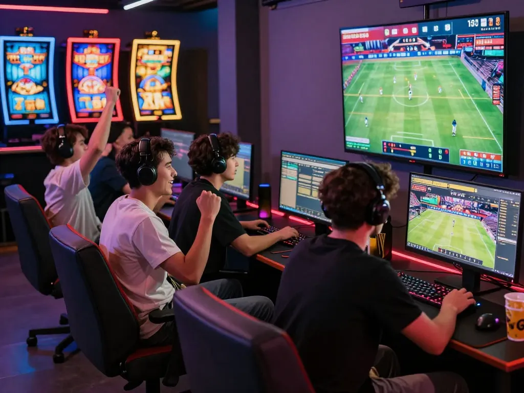 Engaging friends enjoying PG88 online gaming experience with live sports betting and vibrant slot games
