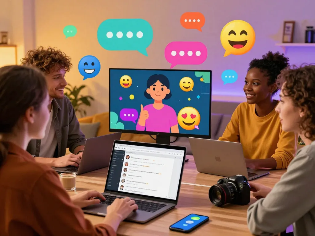 Engaging sexchat room scene with diverse adults sharing playful conversations in a vibrant online environment.