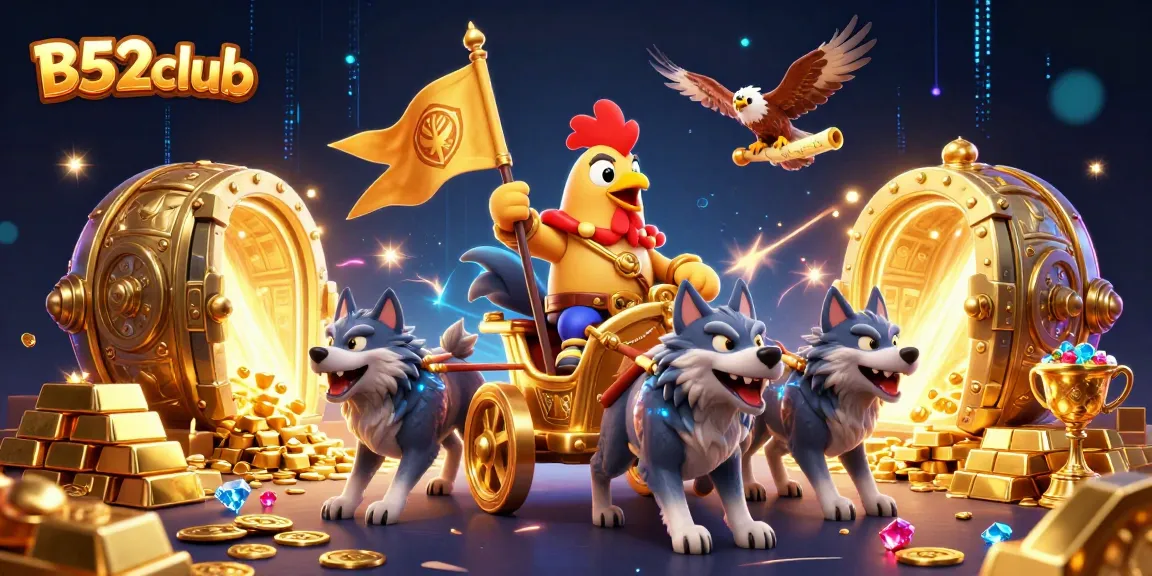 B52club offers thrilling gameplay with a rooster warlord and golden treasures in a vibrant casino setting.