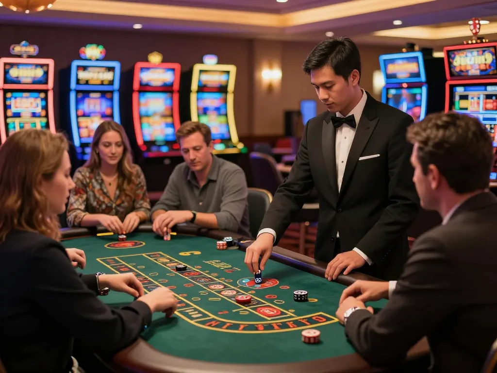Players enjoying games at the casino floor of 98win9, showcasing vibrant interactions and excitement.