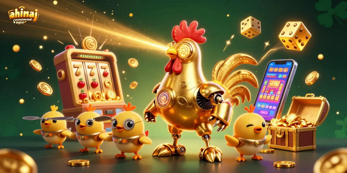 Engage with ahimajournal-digital's vibrant casino illustration featuring a golden rooster robot amidst a jackpot explosion.