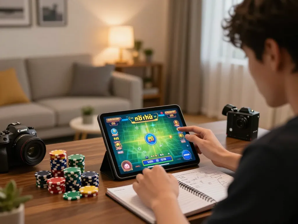 Nổ hũ đổi thưởng gameplay on a tablet, with a player strategizing at home.