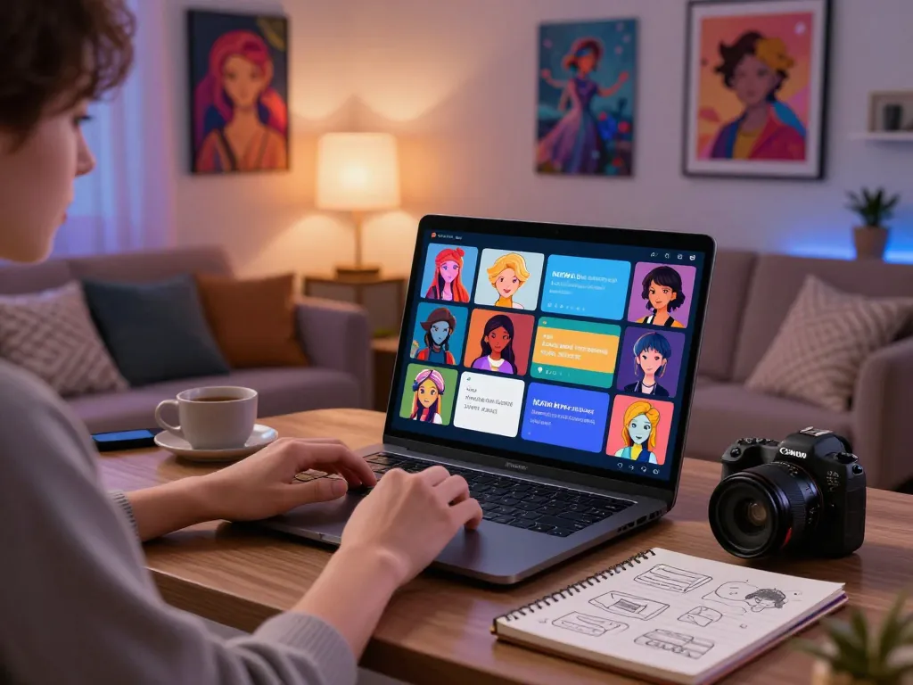 User engaging in NSFW AI chat on laptop in a cozy living space, showcasing character avatars and creative environment.