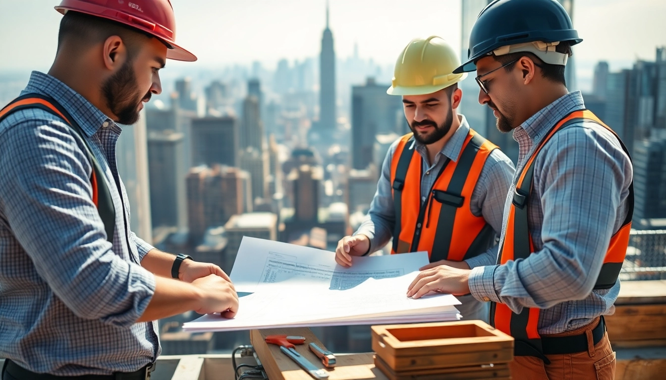 New York City General Contractor collaborating on project plans amidst the city skyline.