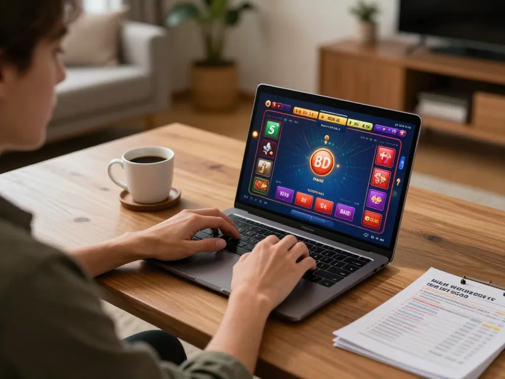 Bong88 player engaging in online casino gaming from a modern home setup, with laptop and betting notes on the table.