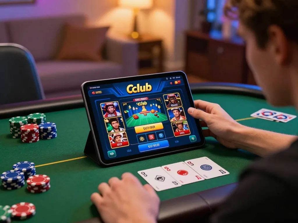 Engaged player using the hitclub chính hãng app on a tablet with poker chips on the table.