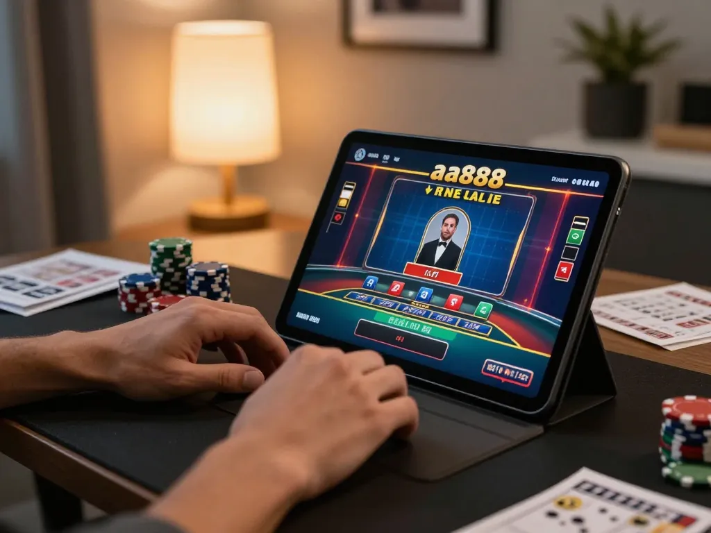 Play blackjack at aa888's live dealer table with a tablet in a cozy home setting.