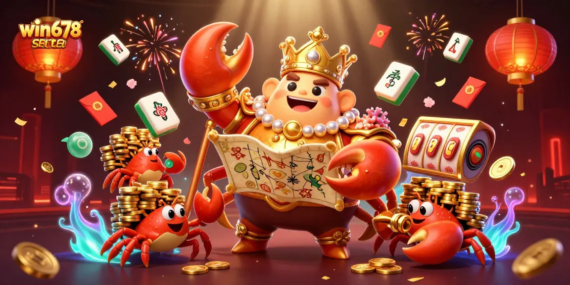 Play engaging games at win678, featuring a golden crab emperor and vibrant casino elements.