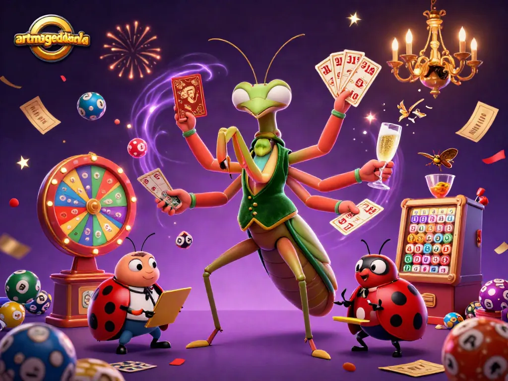 artmageddonla showcases vibrant casino fun with a giant mantis, ladybug, and lottery elements