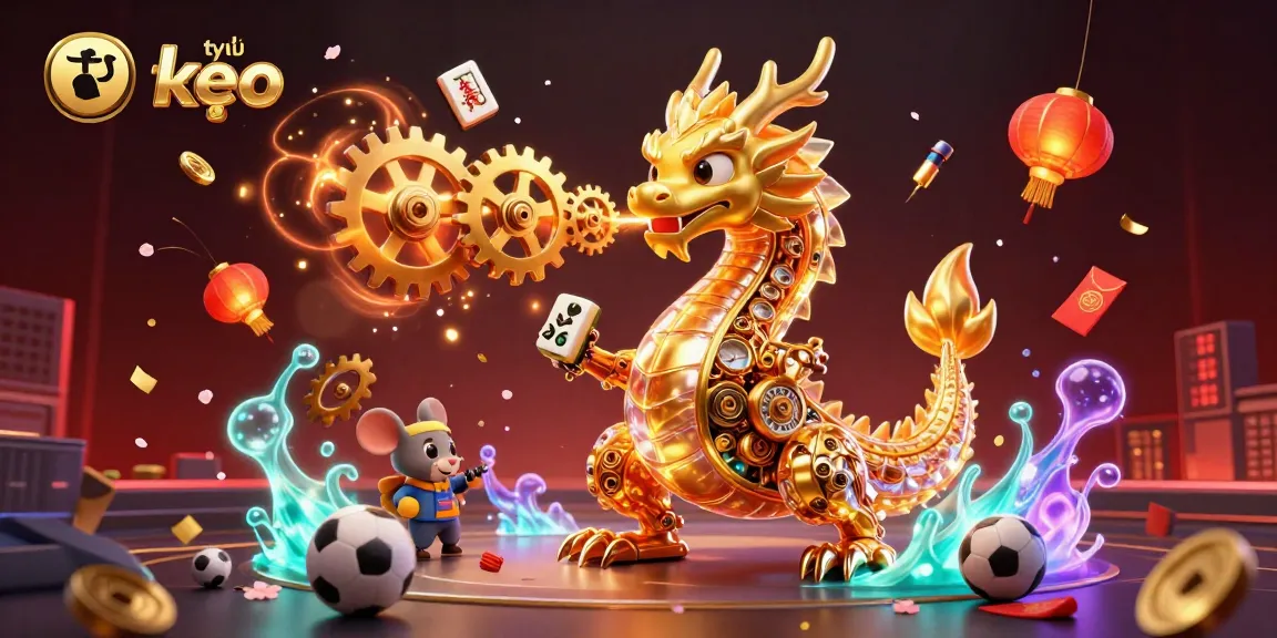 Engage with tỷ lệ kèo and sports betting strategies amidst dynamic gaming elements and a golden dragon.