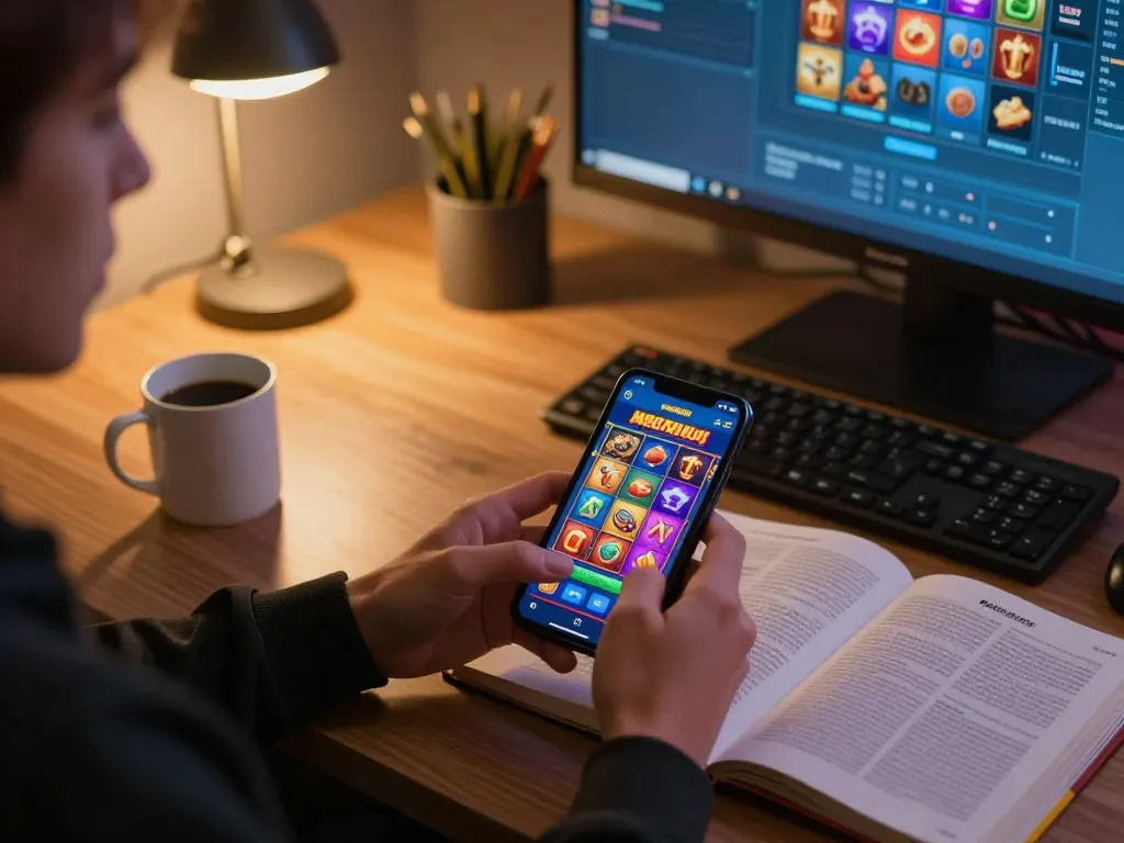 Player engaging with bomwin mobile app for online casino gaming in a cozy home setting