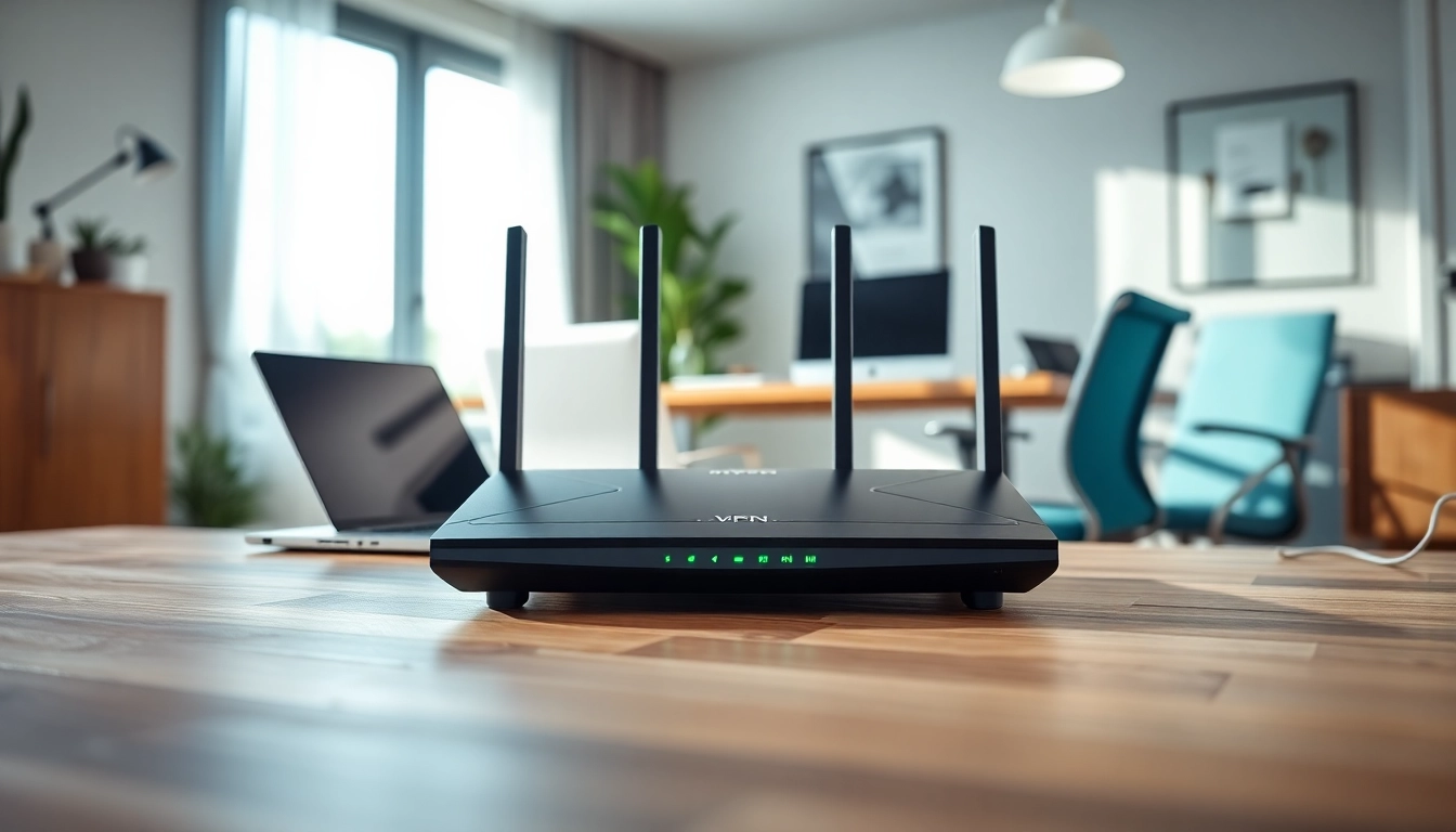 Setup of a VPN router uk in a modern home office with tech elements supporting digital security.