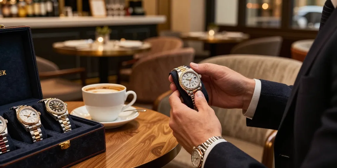 Close-up of a Rolex replica watch showcasing craftsmanship in a luxurious café ambiance.