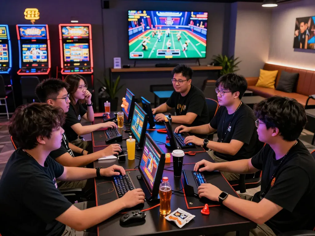 EE88 gaming enthusiasts strategizing together in a vibrant lounge environment.