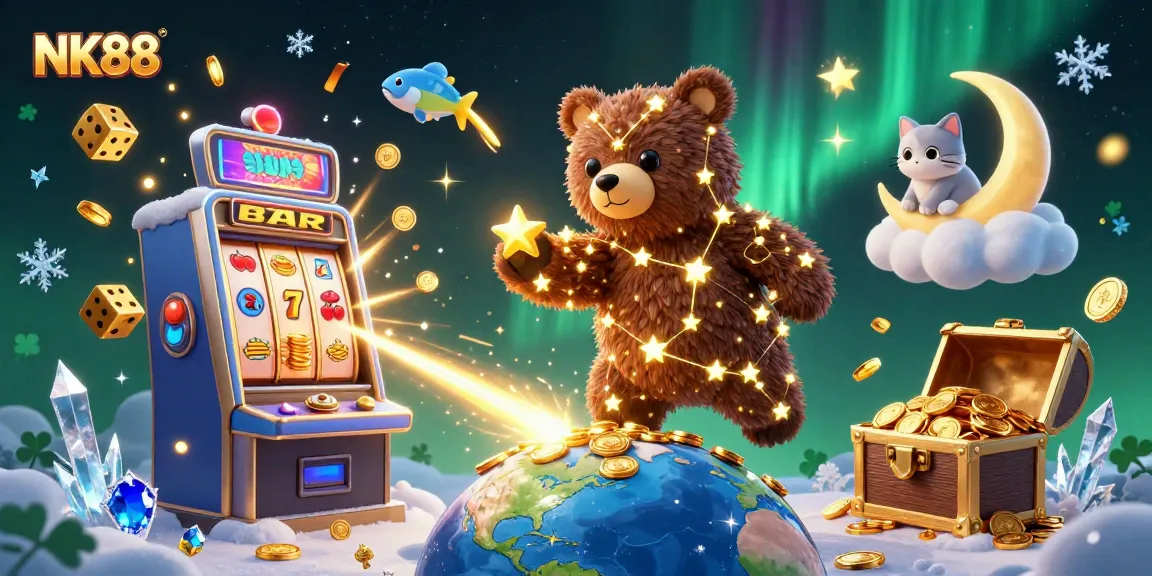 Experience thrilling wins at NK88 with a vibrant 3D casino illustration showcasing exciting slot gameplay.