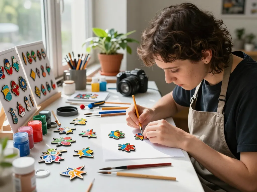 Artisan creating custom enamel pins in a vibrant workshop filled with paints and tools.