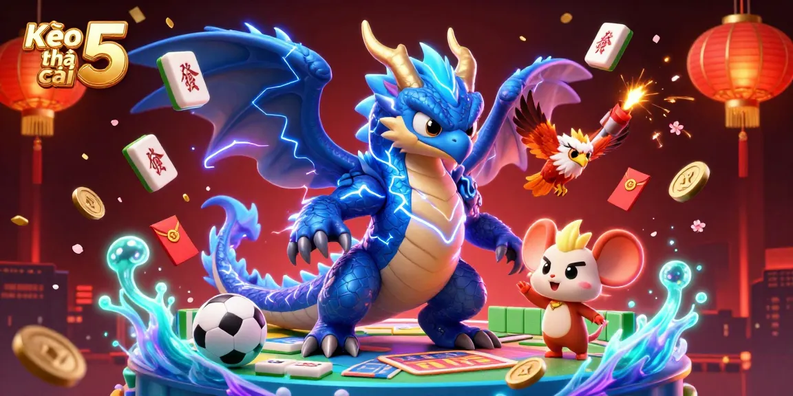 Kèo nhà cái 5 showcases dynamic sports betting with a powerful thunder dragon and glowing elements.