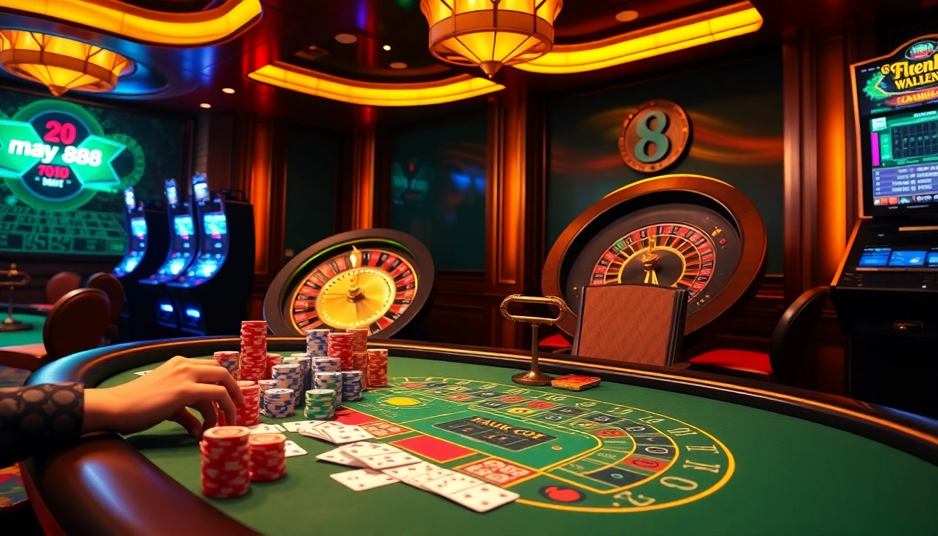Experience the thrill of gambling at https://may88.click/ with an exciting Blackjack and roulette scene.