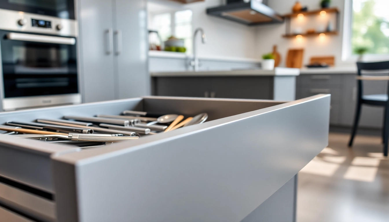 Showcase of a Metal Drawer System demonstrating sleek organization in a modern kitchen.