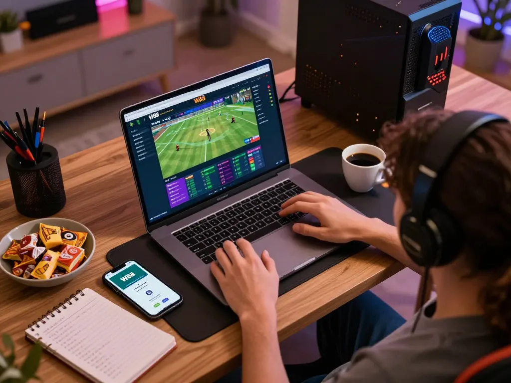 Engaging in betting on the W88 platform from home setup with laptop and strategy notes.