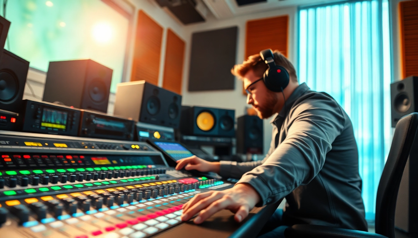 Enhance your skills in online audio mastering with a professional sound engineer working in a vibrant studio.
