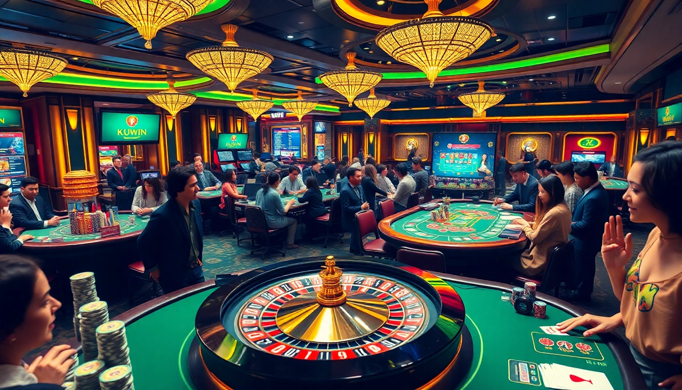 Experience thrilling gaming at kuwin with vibrant casino tables and excited players.
