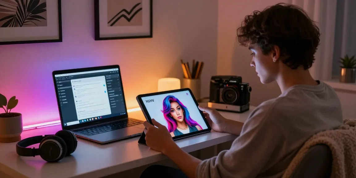 User engaging with customizable NSFW AI character on tablet in cozy digital environment, illustrating technology's intimate reach.