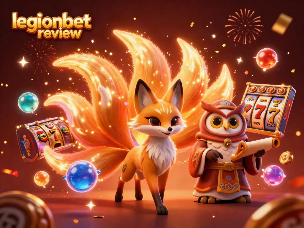 Play and win at LegionBet review with a vibrant 3D casino illustration of slot reels and festive elements.