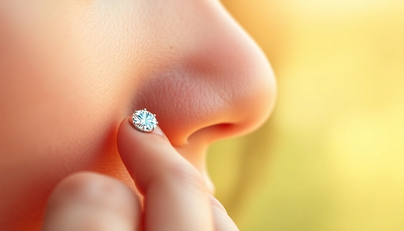 Admiring a diamond nose stud showcasing its brilliance and intricate design.