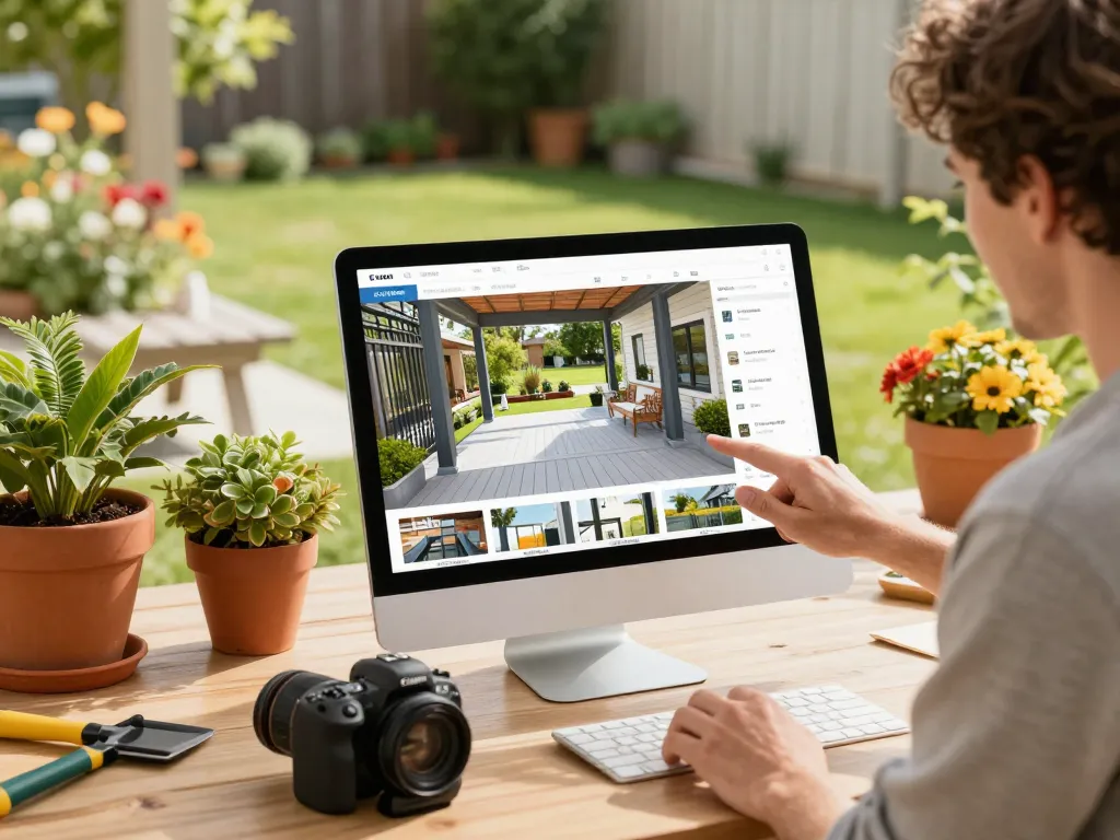 Engaging scene of a homeowner using a veranda configurator tool in a sunlit garden setting.